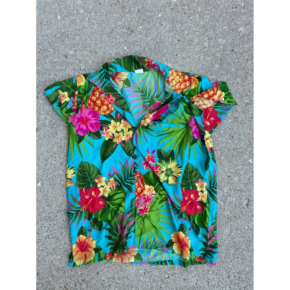 King Kameha Hawaiian Shirt Mens XL Turquoise Pineapple Hibiscus Floral Tropical